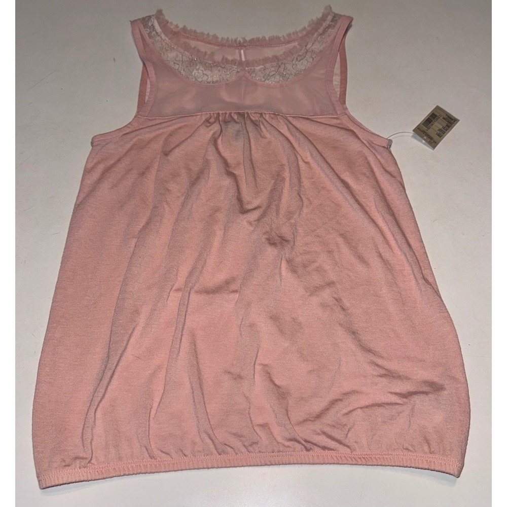 American Eagle Boho Fairycore Pink Lace Mesh Yoke Bubble Hem Tank Top XS NWT
